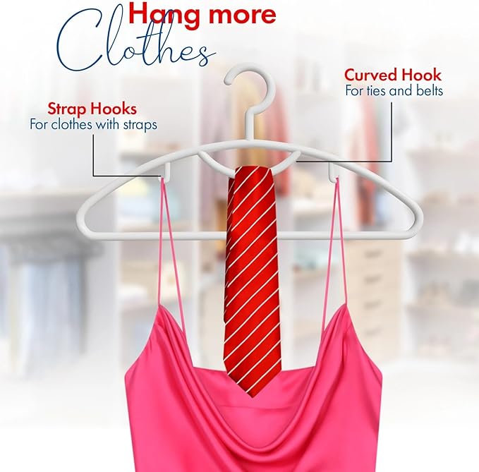 Plastic Clothes Hangers- 24 Heavy Duty Plastic Hangers for Clothes, Light Weight, Coats, Dress, Suits- Non Slip Cloth Hanger with Hook for Scarves, Belts & Ties- Snag Free White Hangers for Shirts