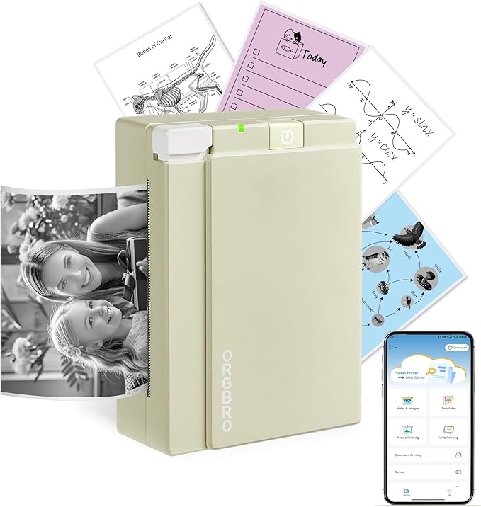 ORGBRO Sticker Printer, X3 Mini Bluetooth Printer Supports 2-3 Inch Printing Width, Thermal Sticker Maker Machine for Photos, Study Notes, Compatible with iOS & Android, Easy to Use, Olive Green