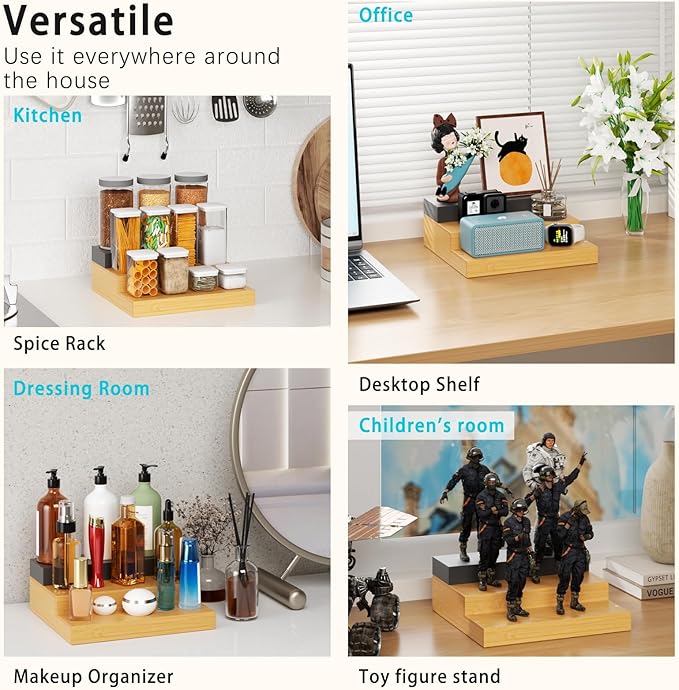 Spice Rack, Bamboo Spice Rack Kitchen Cabinet Organizer Expandable - Bamboo 3 Tier Figurine Display Shelf, Adjustable Magnetic 3 Tier Spice Racks, Brown & Black Combination