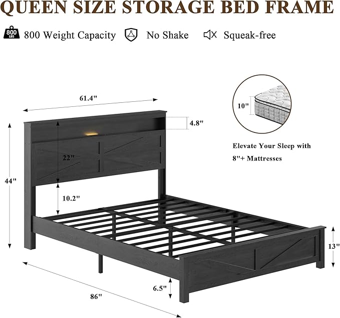 Farmhouse Queen Size Bed Frame with Headboard Storage Shelf, Wood Platform Bed Frame with LED Lights & Charging Station, Rustic Black Metal Bed, No Box Spring Needed, Noise-Free Sturdy Structure