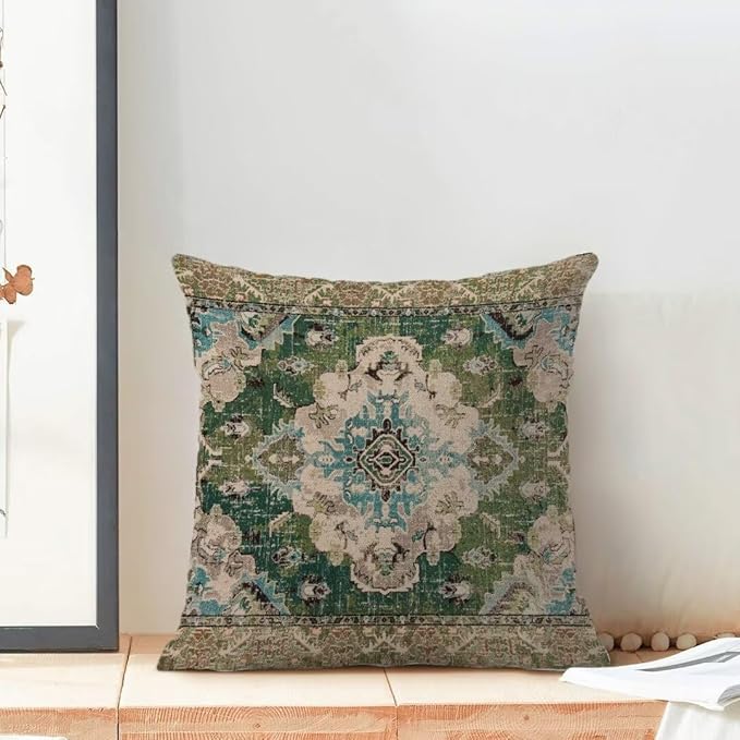 BETGINY Sage Green Boho Pillow Covers 18 x 18 Inch Pack of 2, Bohemian Carpet Pattern Decorative Throw Pillow Covers Outdoor Linen Farmhouse Pillowcase for Bedroom Home Sofa Decor