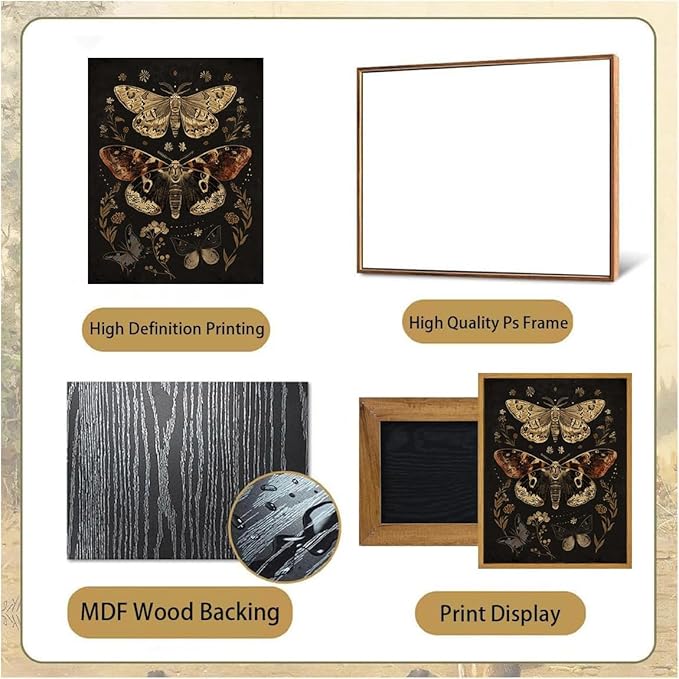Djmwtb Vintage Framed Wall Art Moth Canvas Wall Art Prints Gothic Paintings Botanical Aesthetic Pictures Wall Decor Artwork for Living Room Bedroom Bathroom Office 16x24in