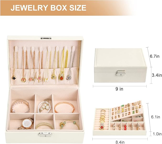 Jewelry Box Organizer for Women Girls 2 Layer Leather Travel Jewelry Storage Case with Lock and Removable Tray for Necklace Earrings Rings Bracelets Gift, Come with Polishing Cloth and Jewelry Bags