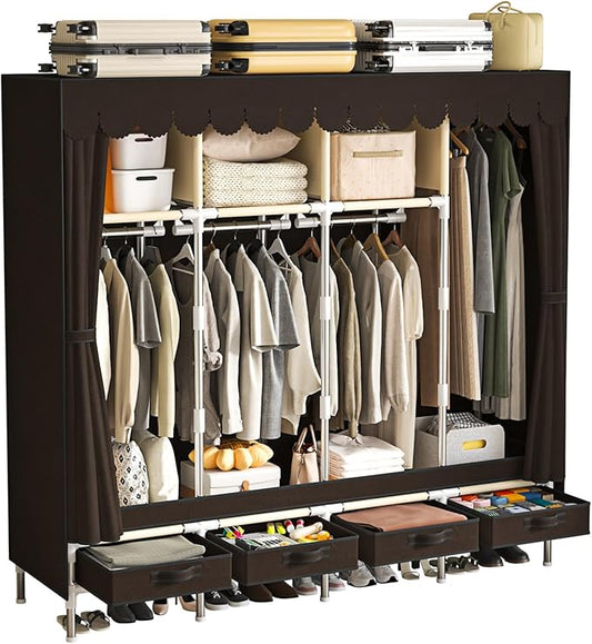 Portable Wardrobe with 4 Drawers, 4 Hanging Rods - 67" Tall Sweater Organizer, Sturdy Easy Temporary Bedroom Wardrobe Organizer, Brown