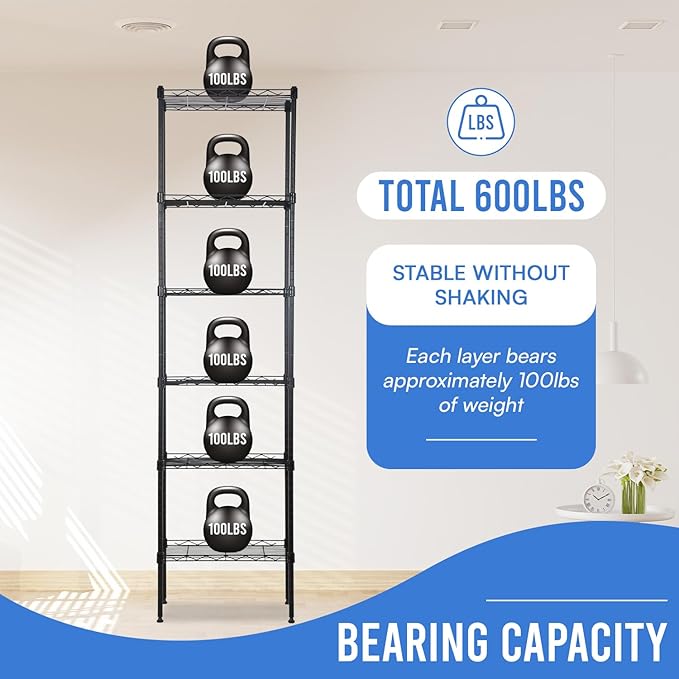 PayLessHere 6-Tier Adjustable Metal Storage Shelves - Max Load Capacity 600 lbs - Easy Assembly - 12" W x 17" D x 64" H NSF Certified - Versatile for Various Uses,Black