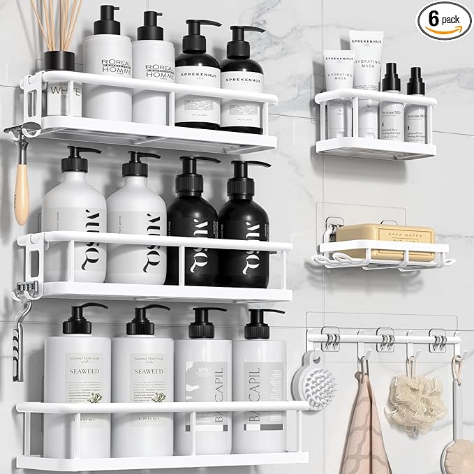 YASONIC Shower Caddy, 6 Pack Large Capacity shower organizer with Soap Holder and 12 Hooks, Rustproof Shower Shelves for Inside Shower, No Drilling&Sleek Bathroom Organizers and Storage White