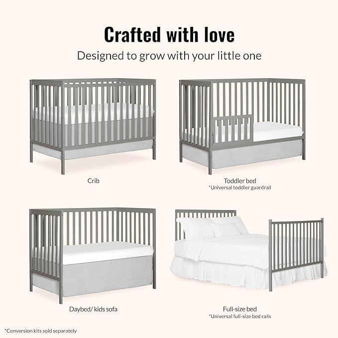 Dream On Me Synergy 5-in-1 Convertible Full-Size Baby Crib with Toddler, Day & Full Bed Conversion in Cool Grey, GreenGuard Gold & JPMA, 3 Mattress Heights, Sustainable Pinewood