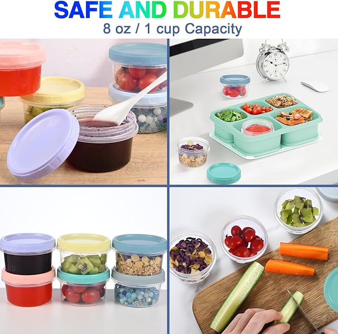 24pcs 8 oz Plastic Containers with Screw Lids, Reusable Clear Food Storage Containers with Pen and Brush for Snack Salad Fruit, Leakproof Small Freezer Containers, Microwave & Dishwasher Safe