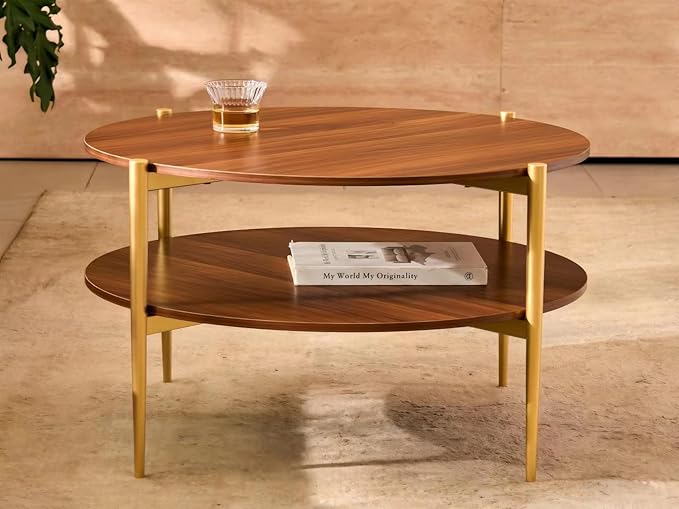 Shrine Round Glass Coffee Table, Mid-Century Modern Design, D30 x H17 in, Two-Tier Round Table with Walnut MDF Shelves, Sleek Conical Metal Legs with Gold Finish