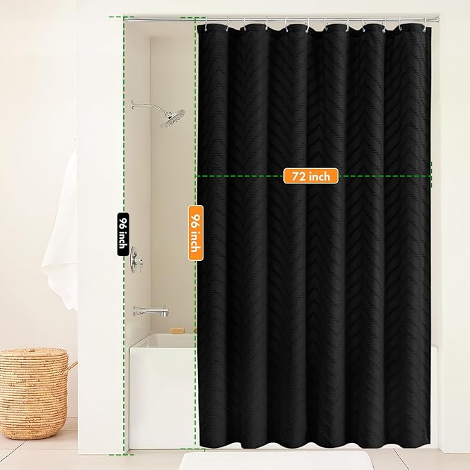 Extra Long Black Boho Shower Curtain 96 Inch Black Tufted Chevron Striped Fabric Shower Curtains for Bathroom Modern Shabby Chic Waterproof Cloth Shower Curtain Set with Hooks