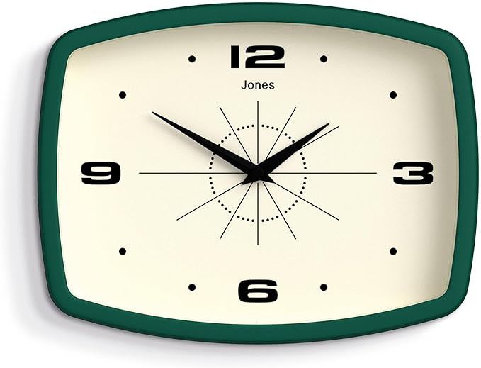 JONES CLOCKS® Movie Wall Clock | Rectangular Retro Clock | 10 inch | Dark Green | Cool mid-Century Designer Look for Kitchen, Living Room or Office