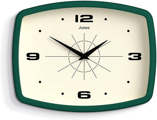 JONES CLOCKS® Movie Wall Clock | Rectangular Retro Clock | 10 inch | Dark Green | Cool mid-Century Designer Look for Kitchen, Living Room or Office