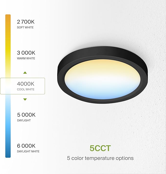 ASD LED 5" Round Flush Mount Ceiling Light Fixture, Low Profile Surface Lighting | 5CCT, Dimmable, Ultra-Thin, ETL Listed | 10W 700LM 2700-6000K 120V | Kitchen, Bedroom, Hallway Lamp | Black, 6 Pack