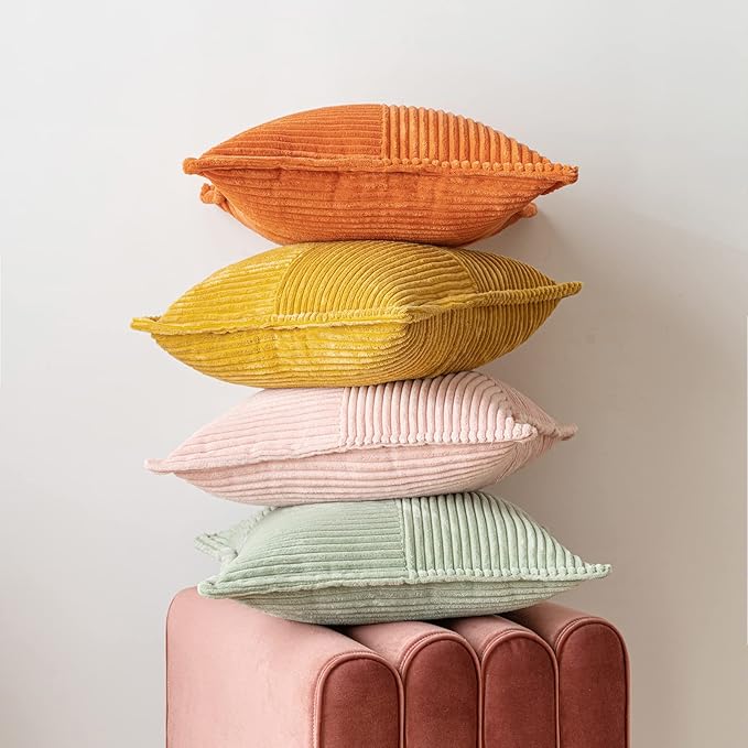 MIULEE Decorative Lumbar Throw Pillow Covers for Couch Bed Livingroom 12x20 Inch Set of 2 Sage Green Boho Accent Throw Pllows Broadside Striped Patchwork Soft Corduroy Pillowcases