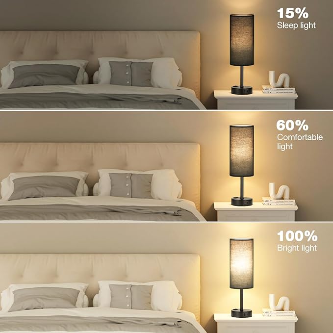 Black Bedroom Lamp for Nightstand - 3 Way Dimmable Bedside Lamp USB C A Charging Ports and AC Outlet, Small Table Lamp Black Base for Living Room, Office Desk, LED Bulb Included