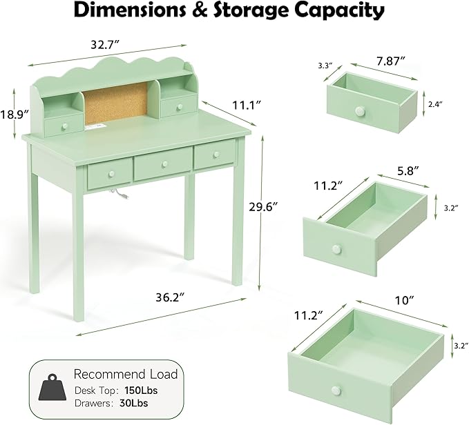 Home Office Furniture Writing Desk, 36 Inch Computer Work Station with Detachable Hutch for Small Place, 5 Drawers(Candy Green)