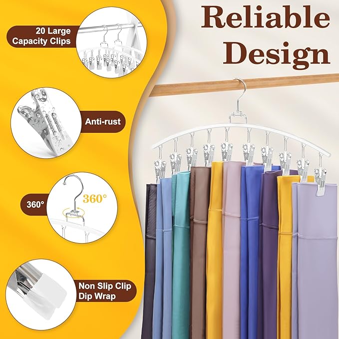 2 Pack Legging Organizer for Closet 360° Swivel, Space Saving Metal Gym Clothes Hangers w/20 Clips Holds 20 Leggings, Closet Organizers and Storage, Room Organization Essentials, White