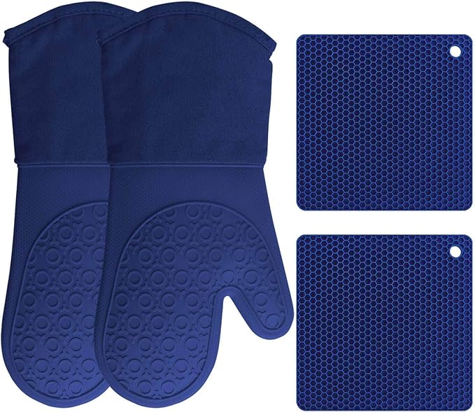 BPA-Free Soft Silicone 4 Piece Oven Mitts & Trivets Set - Ultra Heat Resistant Oven Mitts with Thick Cotton Liner - Long Slip Resistant Pot Holders, Flexible Oven Gloves - Royal Blue
