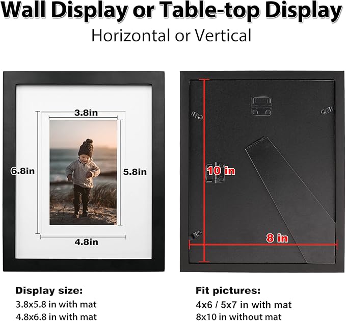KINLINK 8x10 Picture Frame Black, Solid Wood Frames with Acrylic Plexiglass for Pictures 4x6/5x7 with Mat or 8x10 without Mat, Tabletop and Wall Display Photo Frame, Set of 4