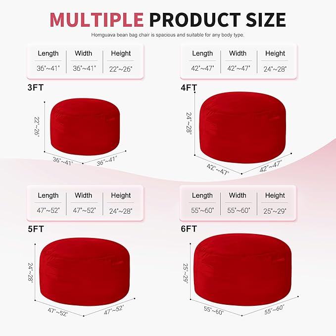 Homguava 4 FT Bean Bag Chair: 4' Bean Bags with Memory Foam Filled, Large Beanbag Chairs Soft Sofa with Dutch Velvet Cover-Red
