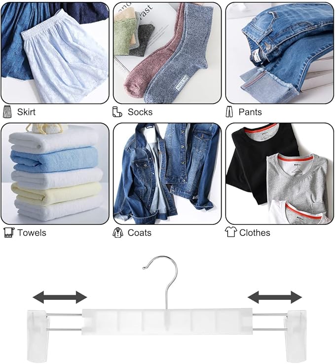 Clothes Pants Hangers, Space-Saving Skirt Holders with 360 ° Swivel Hooks, Adjustable Clips, Trouser Hangers, Clothes Coat Garment Jeans Hangers (20 Pack, Transparent)