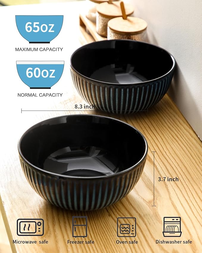 Hasense Large Salad Bowls of 2, Porcelain 60 Oz Serving Bowl 8 Inch for Kitchen Dining,Elegant Ribbed Ceramic Dishes for Party,Soup,Pho,Pasta,Cereal,Fruit - Dishwasher & Microwave Safe, Blue