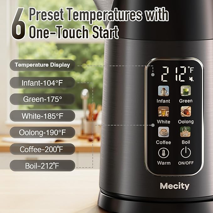 Mecity Electric Kettle 1.7L Touch Screen Temperature Control Water Boiler, No Plastic Contact with Water. 6 Preset Temperature Programs, 2 Hours Keep Warm, Dark Grey