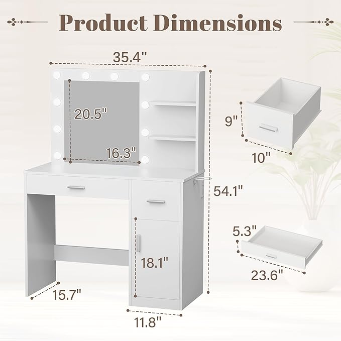 YESHOMY Vanity Desk with Mirror, 10 Lights, Power Outlet and 3 Storage Shelves, Makeup Table with 2 Drawers & 1 Cabinet, 3 Color Modes, for Bedroom, White
