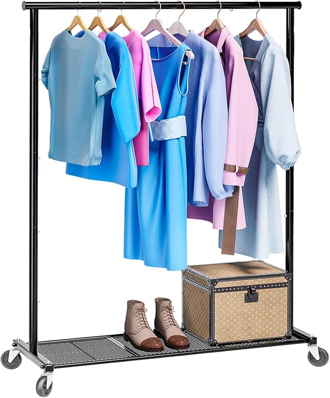 Clothing Clothes Rack on Wheels, Heavy Duty Portable Wardrobe for Hanging Clothes, Garment Rack with Bottom Mesh Shelf, Black