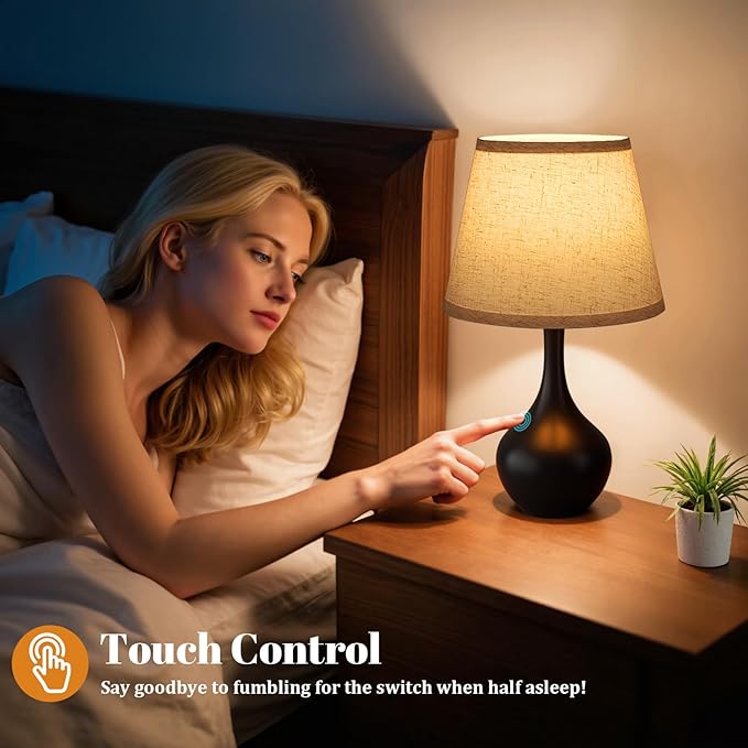 Seealle Touch Table Lamp for Bedroom, 3-Way Dimmable Small Bedside Lamps for Night Stands with Wires, Black Desk Lamp for Kids Room, Office, Living Room, End Table(LED Bulb Included)