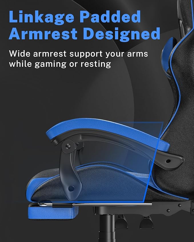 Gaming Chair with Footrest, High Back Ergonomic Computer Gamer Chair with Headrest and Lumbar Support, Racing Style Reclining Game Chair for Adults, Kids (Blue-Black)