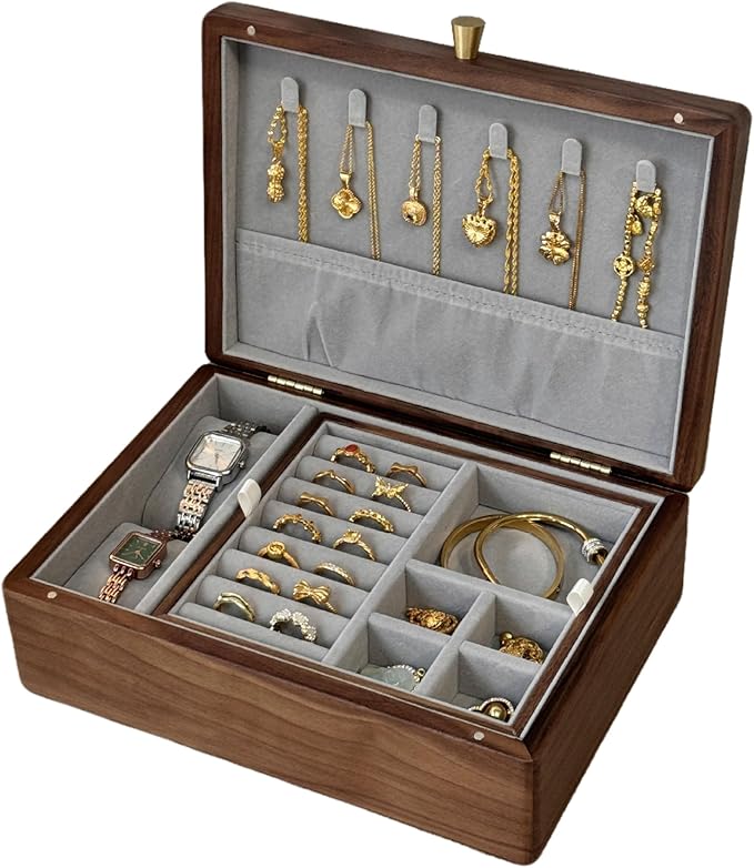 Bescott 2 Layer Solid Black Walnut Wooden Jewelry Box for Women Wood Vintage Organizer for Men Earrings Rings Necklaces Bracelet Watch Storage Mother's Day Gift