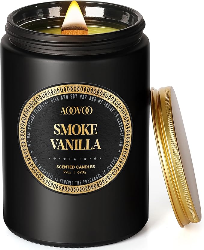 AOOVOO Scented Candles for Men - Large 22oz 120 Hours of Burn Time, Smoke & Vanilla Candles for Home Scented | Crackling Wood Wick Soy Candle | Strong Fragranced Black Candle Gift for Women & Men