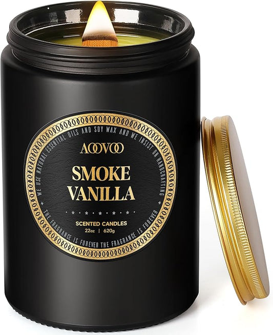 AOOVOO Scented Candles for Men - Large 22oz 120 Hours of Burn Time, Smoke & Vanilla Candles for Home Scented | Crackling Wood Wick Soy Candle | Strong Fragranced Black Candle Gift for Women & Men