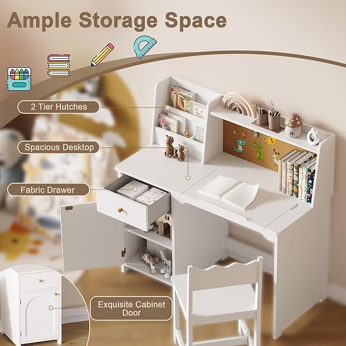 Treocho Kids Study Desk and Chair Set, Kids Desks with Hutch and Tiltable Desktop for 5-12 Years Old, Wooden Children Study Table with Fabric Drawers, Student Writing Desk Bedroom, Home School，White