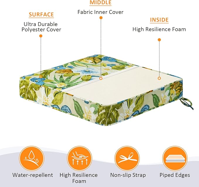 Square Corner Seat Cushions, 19" x 19" x 3", Set of 4, Indoor Outdoor Water Repellent Universal Chair Pads with Ties for Patio Furniture, Garden Dining Chairs, Blue Flower