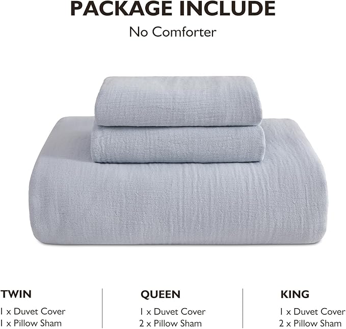 EMME Muslin Cotton Duvet Cover Set Blue King Size Linen Like Soft Breathable Lightweight Summer Comforter Cover Set with Zipper Closure (Blue, King, 104"x90")