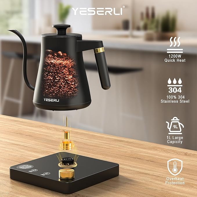 1200W Gooseneck Kettle with ±1℉ Temperature Control,Pour Over Electric Kettle for Coffee & Tea,Digital Display,4 Temp Preset,12H Keep Warm,100% Stainless Steel,Rapid Heating,1L,Matte Black