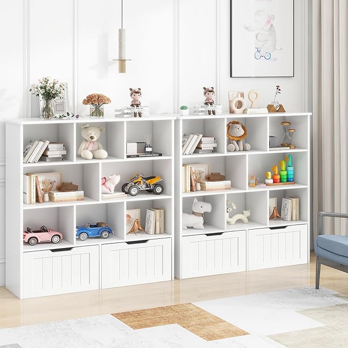 Toy Storage Organizer with Bookshelf, Large Toy Organizers and 2 Movable Drawers with Hidden Wheels and 8 Storage Cubbies, Kids Bookshelf and Toy Storage Chest, Playroom Furniture, White