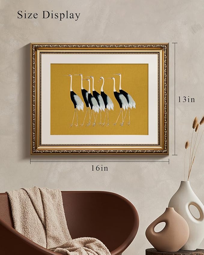 VIYYIEA Gold Framed Wall Art Canvas Print Home Decor, Vintage Cranes Wall Art for Living Room, Vintage Animal Oil Painting Picture, Print Framed Home Decor, Bathroom Wall Decor Seven Cranes 13x16in