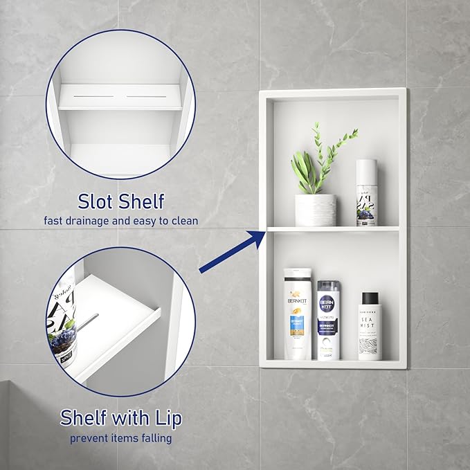 Stainless Steel Shower Niche 24" X 12" Matte White No Tile Needed Vertical Niche Shower with Two- Tier Shelves Recessed Wall Niches for Bathroom Storage Over Mount Installation