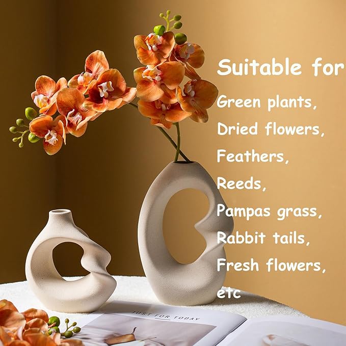 Modern White vase Set of 2,Pampas Grass Ceramic vases for Wedding Party,Aesthetic Flower Vase for Home Decor,Kitchen Tables,Living Room,Bedroom,Console,Wooden Shelf,Office,Coffee Decoration(2 Pcs)