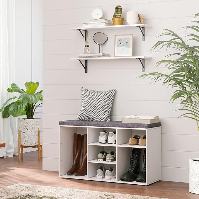 DINZI LVJ Shoe Storage Bench with Cushion, Cubby Shoe Rack with 9 Cubbies, Adjustable Shelves, Multifunctional Shoe Organizer Bench for Entryway, Mudroom, Hallway, Closet and Garage, White