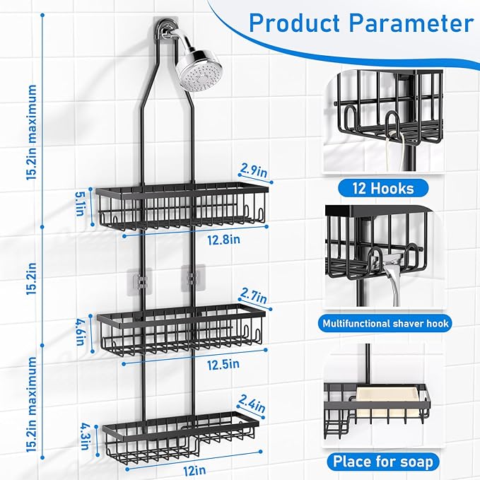 Shower Caddy Hanging,Triple Adjustable Shower Organizer,Extended Length shower rack with Soap Holder,Black