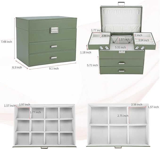 Dajasan Jewelry Organizer Box for Women Girls, Jewelry Holder Organizer, 4 Layers Leather Jewelry Box, Gift Idea for Valentine's Day, Christmas, New Year, Birthdays (Green)
