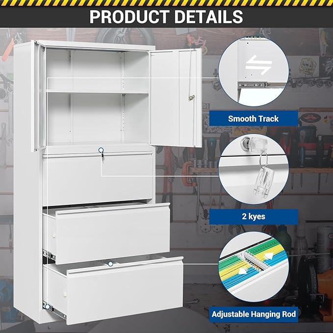3 Drawers Metal Lateral File Cabinet with Lockable Drawer and Dorrs - White Large Steel Filing Cabinet for Home Office Hanging Files Letter/Legal/F4/A4 Size