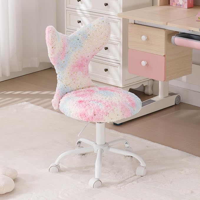 Fuzzy Desk Chair, Cute Swivel Children Desk Chair with Wheels for Kids Bedroom Upholstered Rolling Study Chair Adjustable Computer Chair Mermaid Back Vanity Chair for Teen Girls Boys, Star Colorful