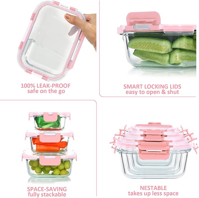 24 Pieces Glass Food Storage Containers Set, Meal Prep Containers-Stackable Airtight Glass Storage Containers with lids,Freezer, Microwave, Oven Safe,Pink