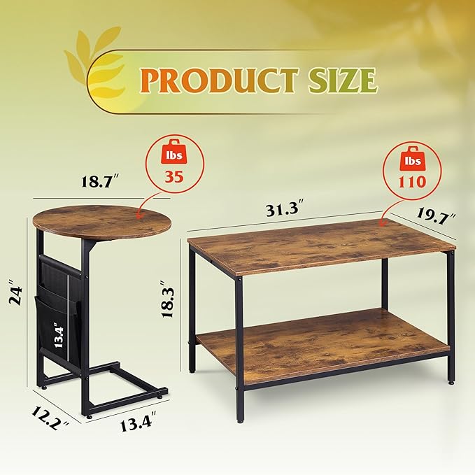 WLIVE Coffee Table, 31.3" and 18.7" Small Coffee Tables for Living Room, Modern Center Table and Side Table Set with Storage Side Pouch for Bedroom, Apartment, Rustic Brown
