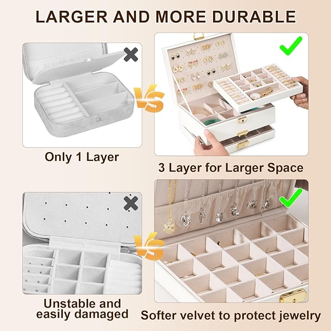 Yoobao Jewelry Organizer Box for Women, 3 Layer Large Jewelry Case with Removable Tray for Earrings Necklaces Rings Bracelets, Double Lock, Ideal Present for Christmas Valentine Mother's Day